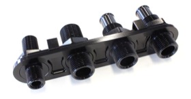 <strong>Billet 4 Port A/C Bulkhead (Black)</strong> <br /> Inline 3 x -10, 1 x -6 (5/8 rear Push-on fittings for heater)
