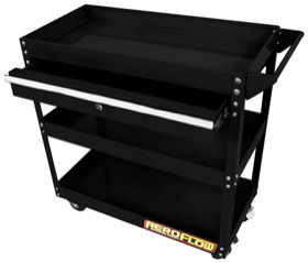 <strong>Workshop Trolley </strong><br /> 3 Tier with lockable drawer, and wheels, Black Powder Coated Finish
