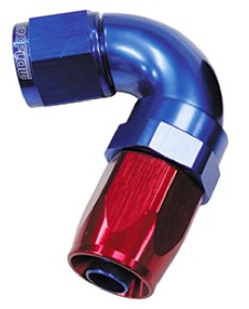 <strong>150 Series Taper One-Piece Full Flow Swivel 120° Hose End -4AN </strong><br /> Blue/Red Finish. Suit 100 & 450 Series Hose
