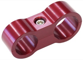 <strong>Stepped Billet Aluminium Dual Hose Separators</strong><br /> 7/16" (11.1mm) I.D. & 9/16" (14.2mm) I.D., Suit -6AN & -8AN PTFE hose, Red finish