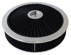 <strong>Chrome Full Flow Air Filter Assembly with 1-1/8" Drop base</strong> <br />14" x 3", 5-1/8" neck, black washable cotton element
