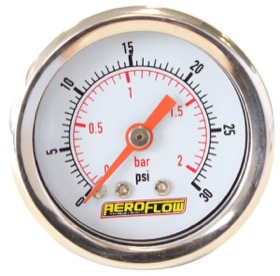 <strong>1-1/2" 30 psi Pressure Gauge</strong><br /> White Face with Orange Pointer. 1/8" NPT Male Thread
