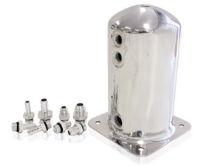 <strong>2.5 Litre Spun Alloy Surge Tank</strong><br /> Available with 3 x 3/8", 1 x 1/2" or 3 x -6AN, 1 x -8AN, Polished Finish
