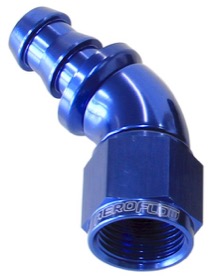 <strong>510 Series Full Flow Tight Radius Push Lock 45° Hose End -4AN</strong> <br />Blue Finish. Suit 400 Series Hose
