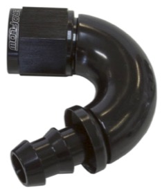 <strong>510 Series Full Flow Tight Radius Push Lock 150° Hose End -4AN </strong><br />Black Finish. Suit 400 Series Hose