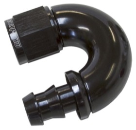<strong>510 Series Full Flow Tight Radius Push Lock 180° Hose End -8AN </strong><br />Black Finish. Suit 400 Series Hose