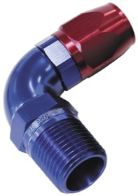 <strong>90° Male NPT Full Flow Swivel Hose End 1/2" to -8AN</strong> <br /> Blue/Red Finish