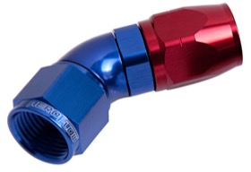 <strong>550 Series Cutter One-Piece Full Flow Swivel 45° Hose End -4AN</strong> <br />Blue/Red Finish. Suits 100 & 450 Series Hose