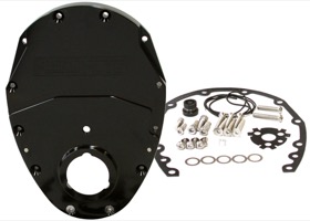 <strong>2-Piece Billet Aluminium Timing Cover - Black Finish</strong><br/> Suit S/B Chev & 90° V6. Includes Cover, Gaskets, Seal, Roller Cam button, Mounting Hardware and Replacement O-Ring