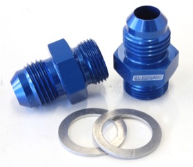 <strong>Carburettor Adapter - Male 9/16" x 24 to -6AN Short </strong><br /> Blue Finish. Suit Demon / Holley Inlet Feed