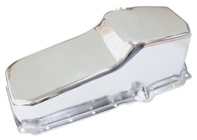 <strong>Replacement Oil Pan, Chrome Finish</strong><br /> Suit SB Chev R/H Dipstick, 1-Piece Seal (5.0L Capacity)