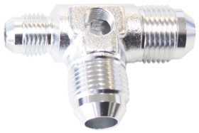 <strong>Flare AN Stepped Tee with 1/8" NPT Ports </strong><br />-8AN x 2, -6AN x 1,  Silver Finish