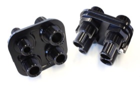 <strong>Billet 4 Port A/C Bulkhead (Black)</strong> <br /> Square 3 x -10, 1 x -6 (5/8 rear Push-on fittings for heater)