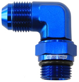 <strong>90° ORB Swivel to Male Flare Adapter -8AN to -6AN</strong><br />Blue